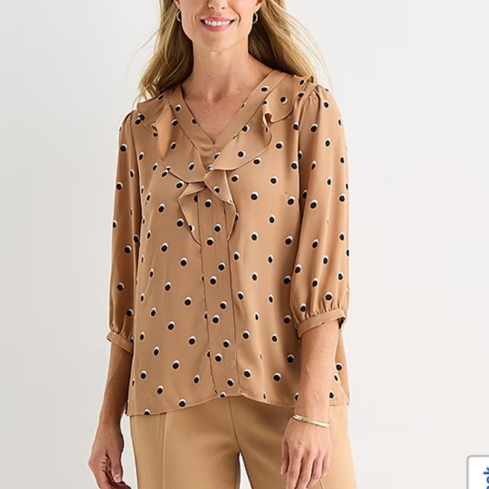 Liz Claiborne Polka Dot Ruffle V-Neck Blouse in Camel Sz XL NWT